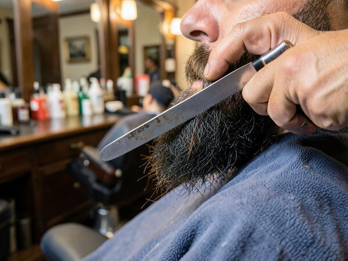 Straight razor beard trim close up