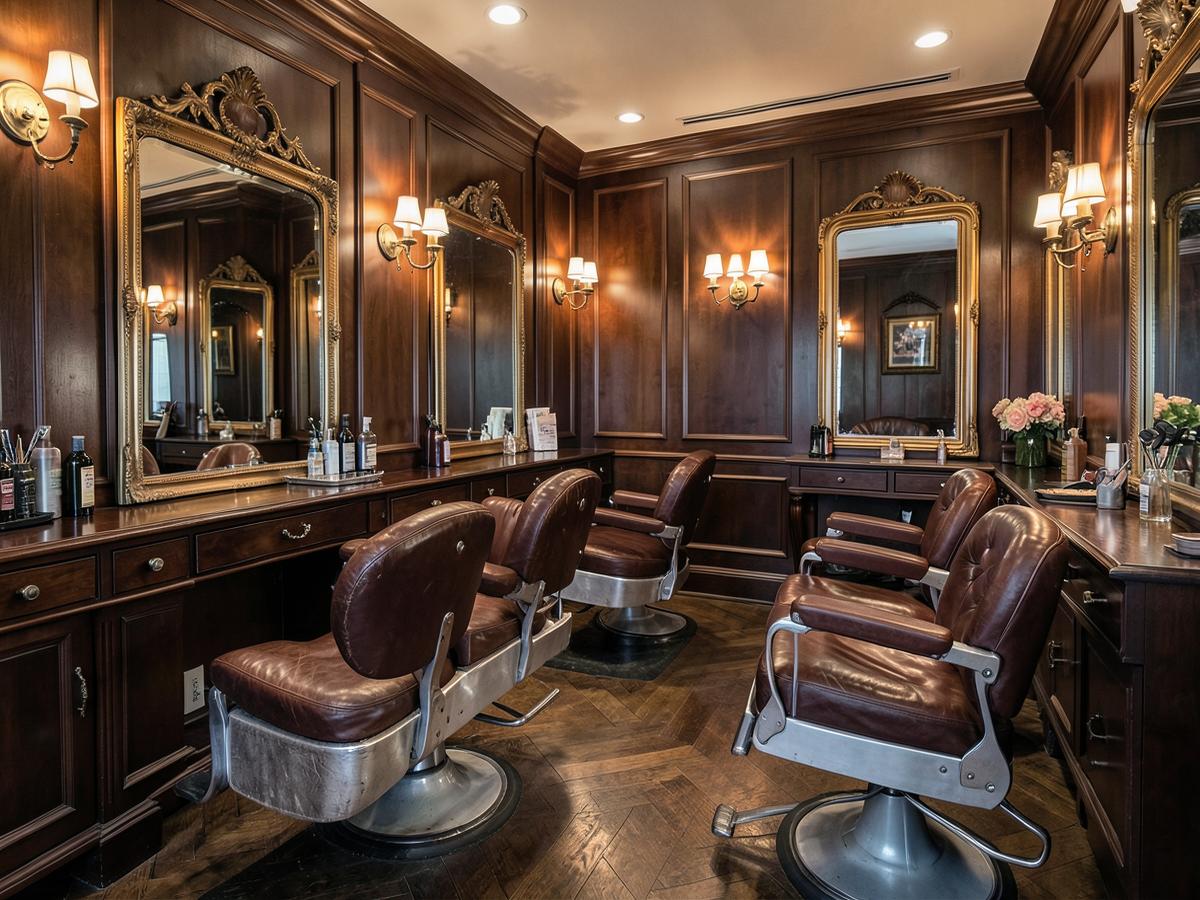 Luxury barbershop interior with leather chairs