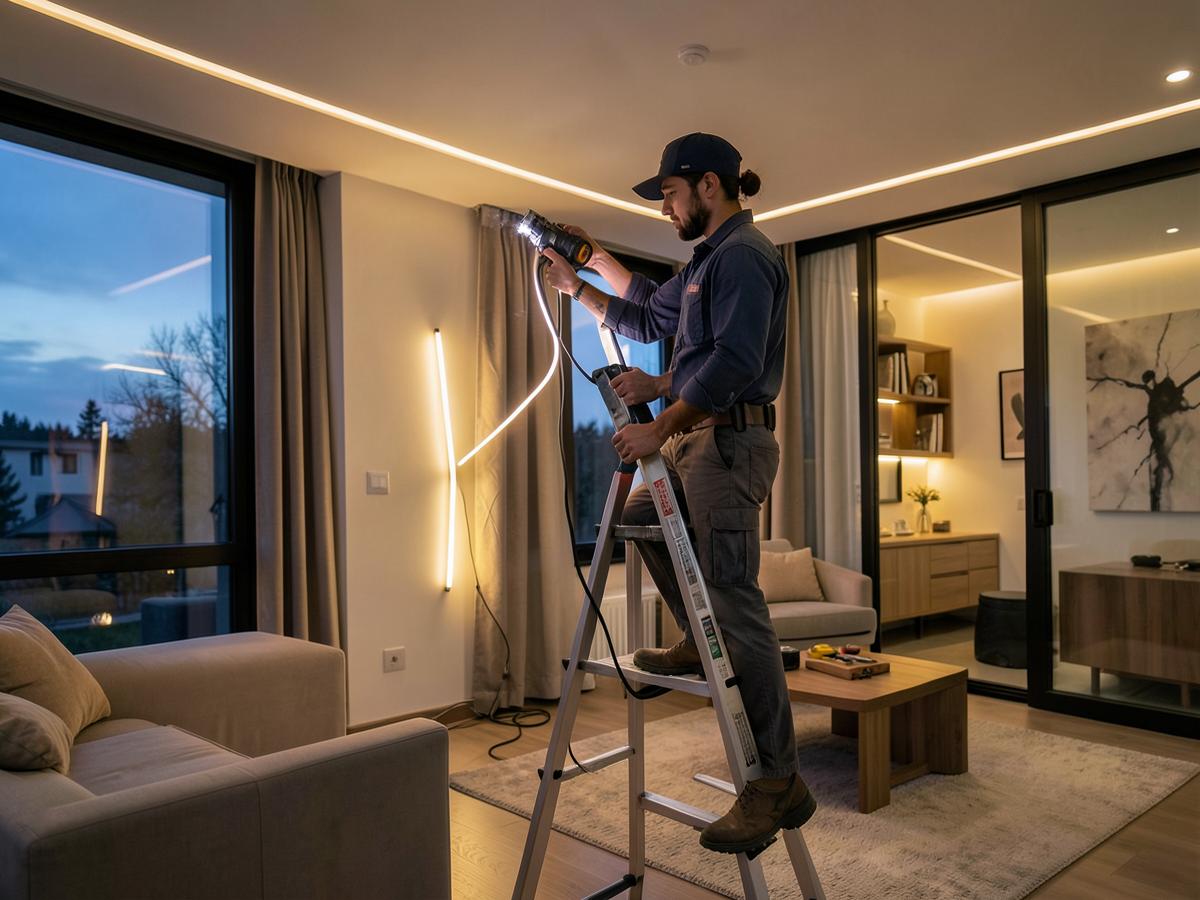 Electrician installing LED lighting in a modern home