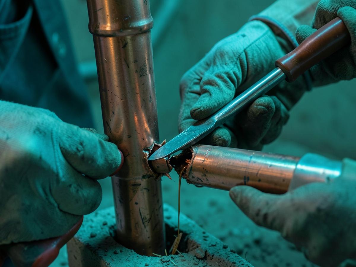 Plumber repairing a copper water pipe