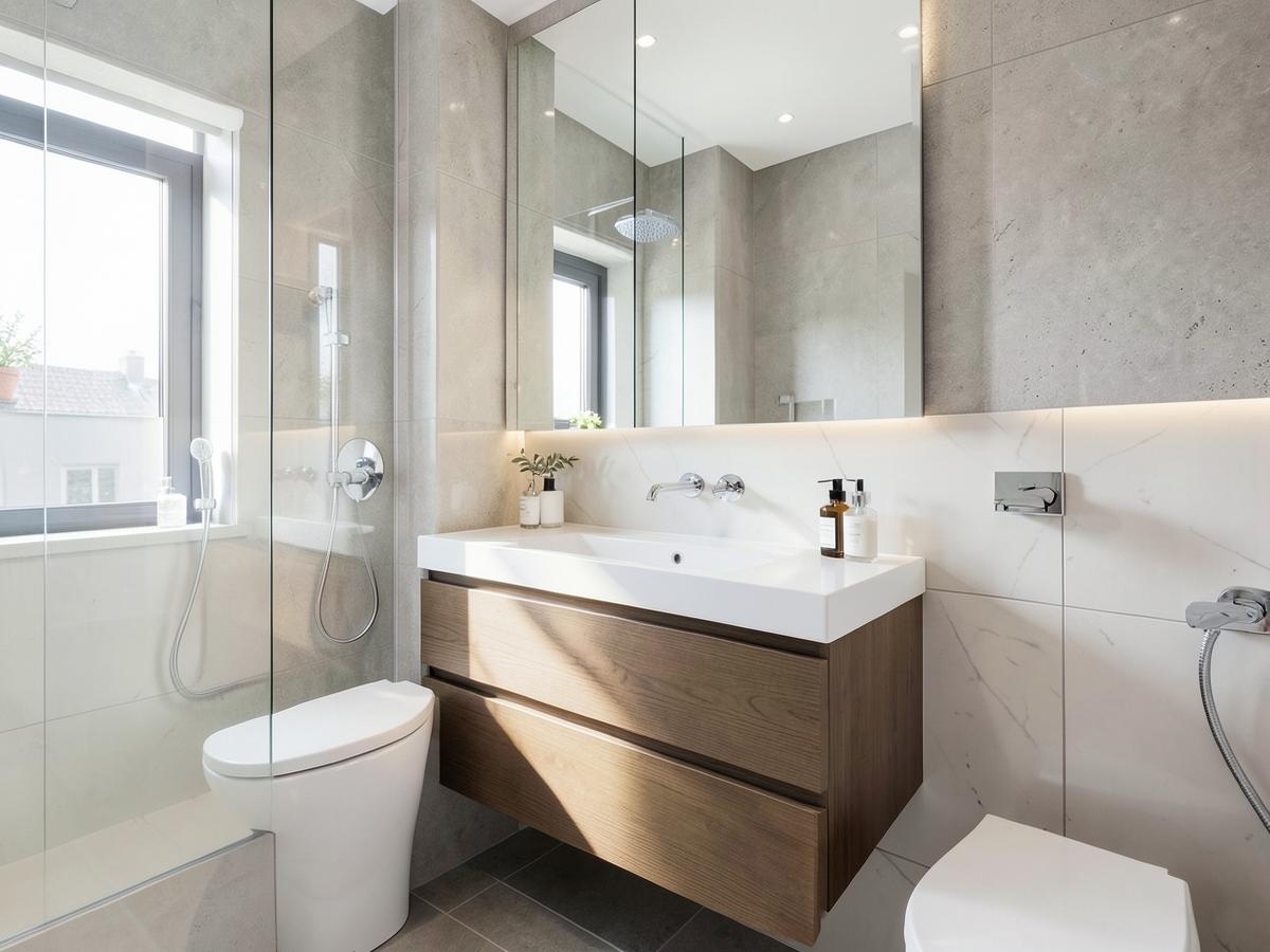 Modern renovated bathroom with chrome fittings