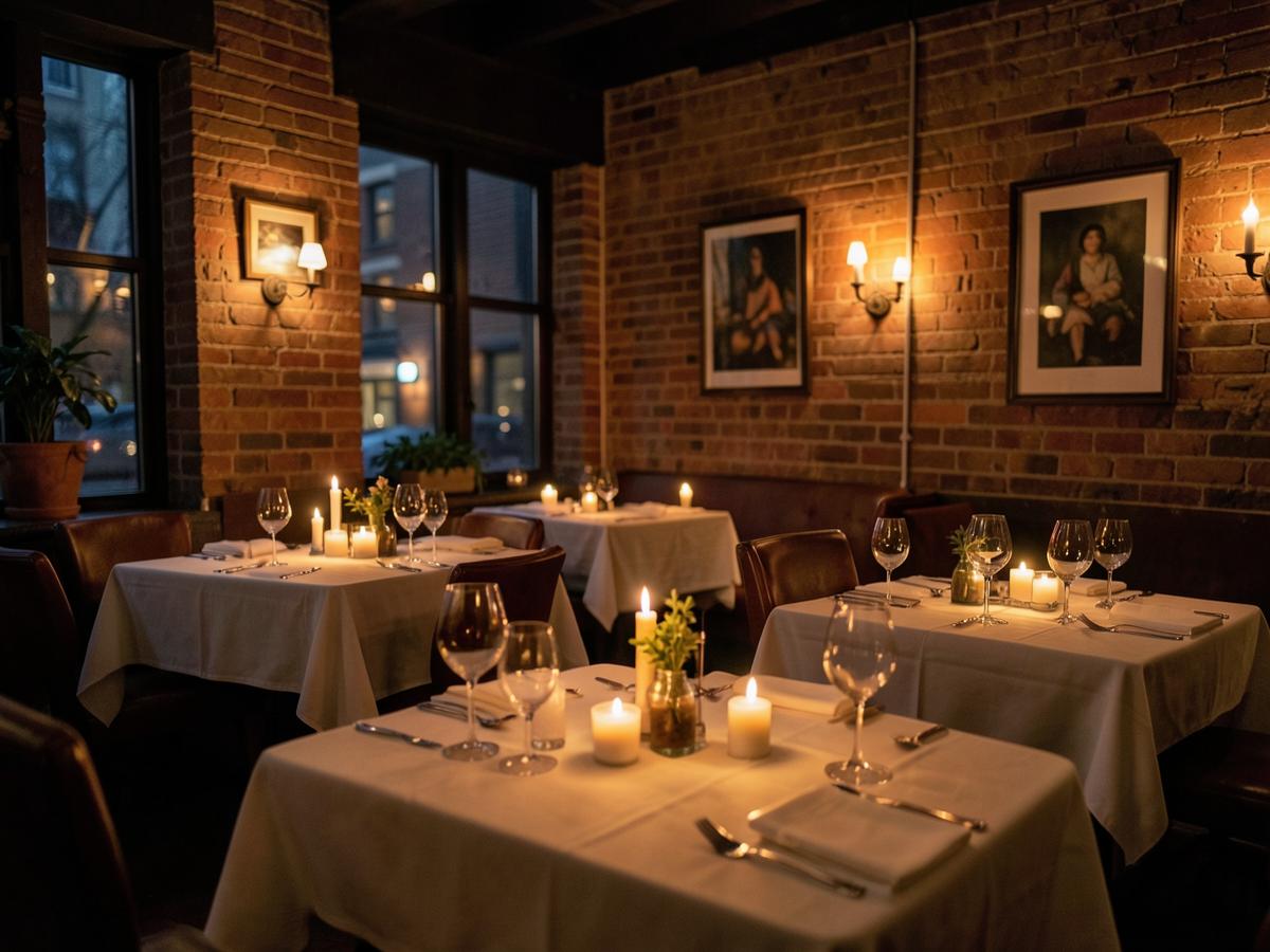 Candlelit restaurant interior with set tables