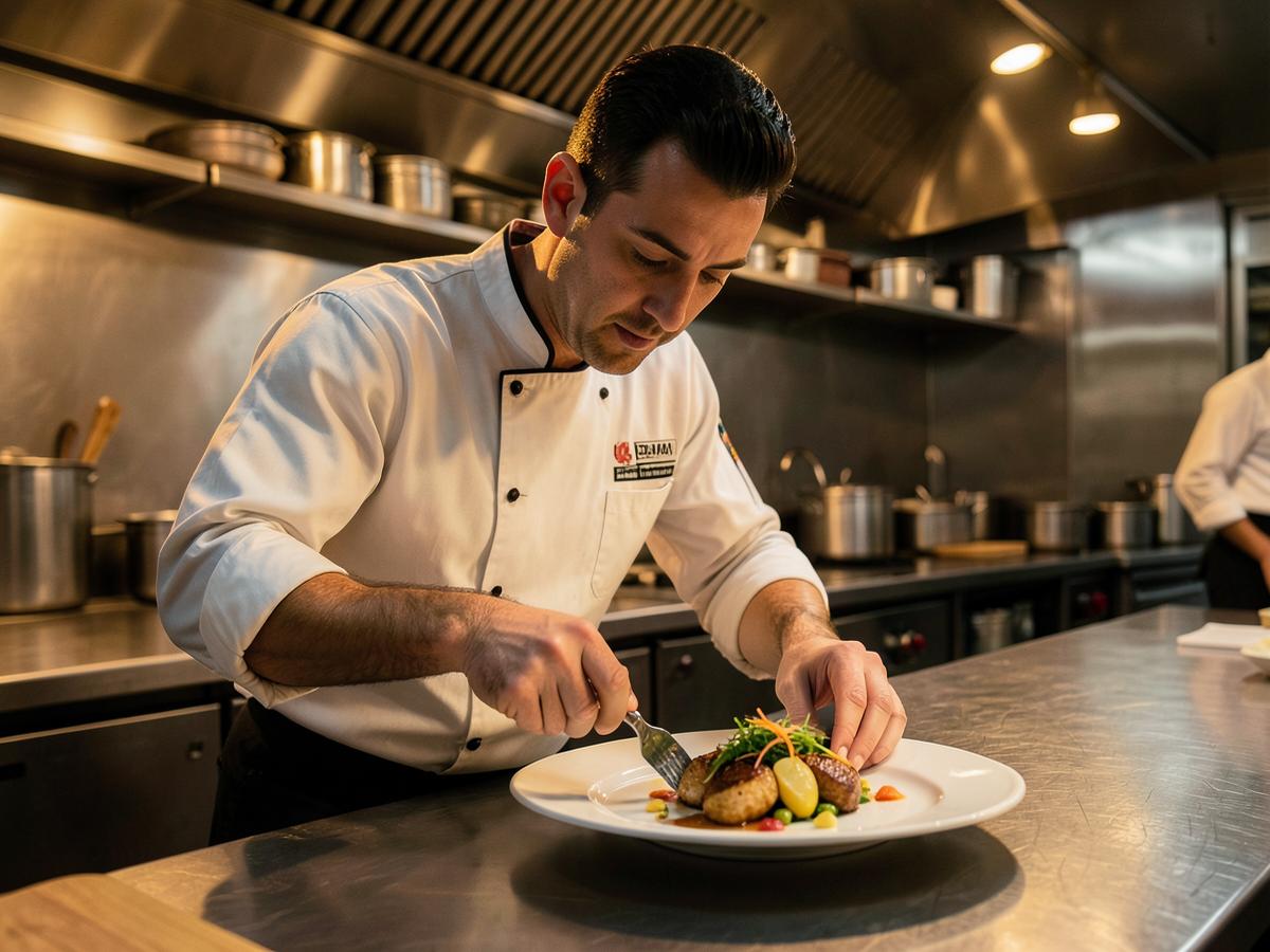 Chef plating a gourmet dish in the kitchen