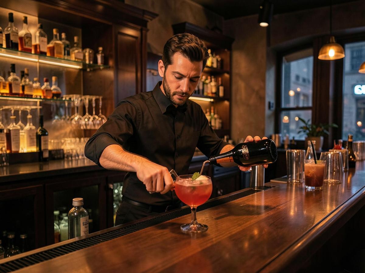 Bartender pouring a cocktail at the bar