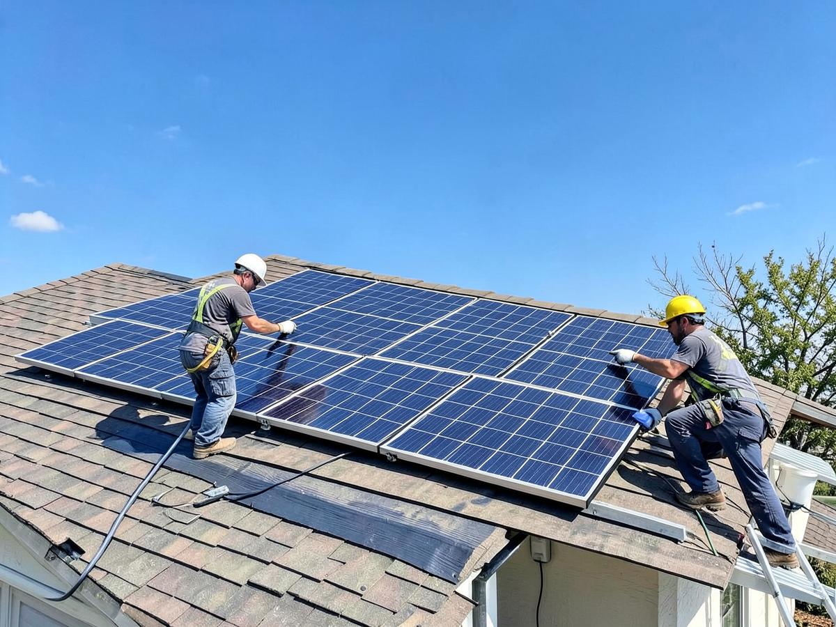 Technicians mounting solar panels on a residential roof