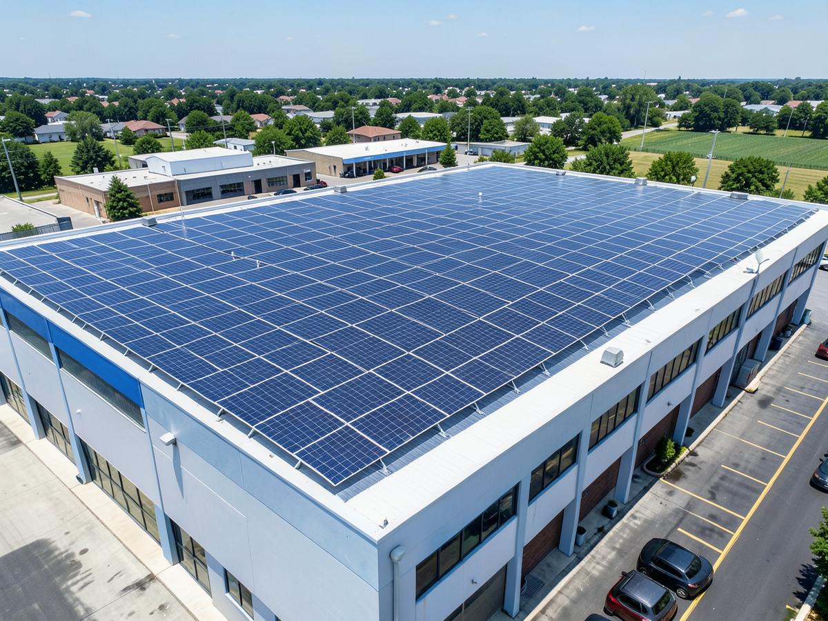 Aerial view of a commercial rooftop solar array